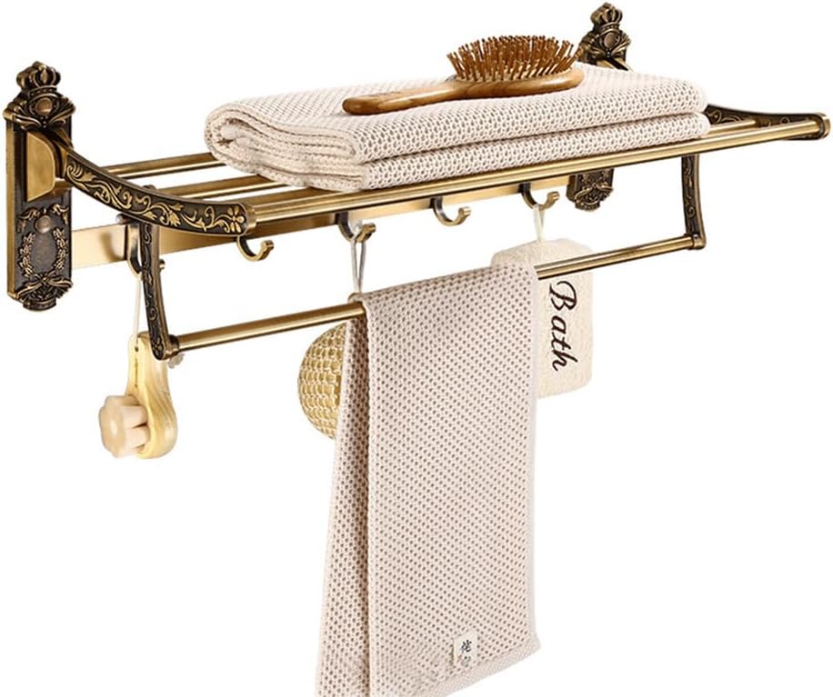 Towel Rack, 23.62Inch Lavatory European Retro Bath Towel Rack with Two Towel Bars Brushed Gold Wall Mount Towel Holder for Bathroom,A