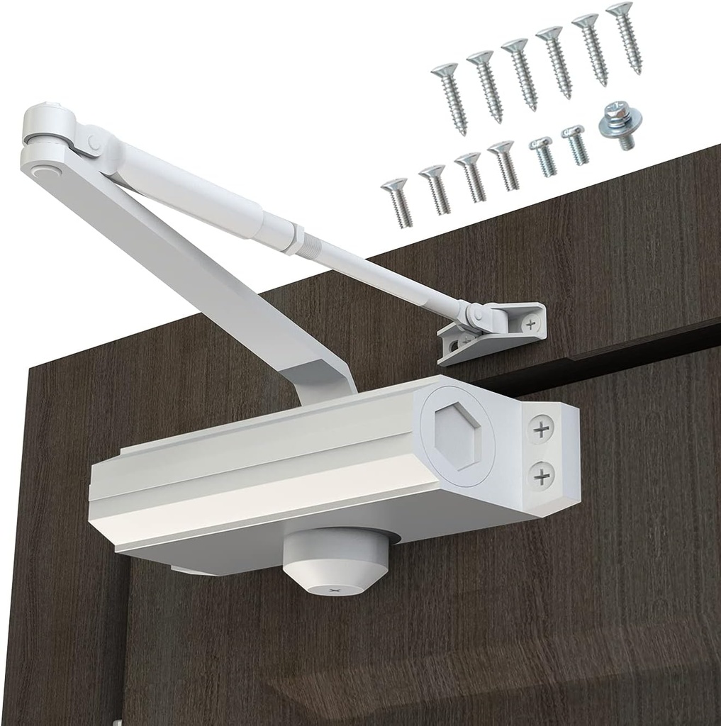 Automatic Door Closer Heavy Duty Fire Prevention Spring Hydraulic Aluminum Alloy Surface Mounted Residential Commerical Grade Door Closer Adjustable Speed Door Weights 99-187 Lbs Size2-White