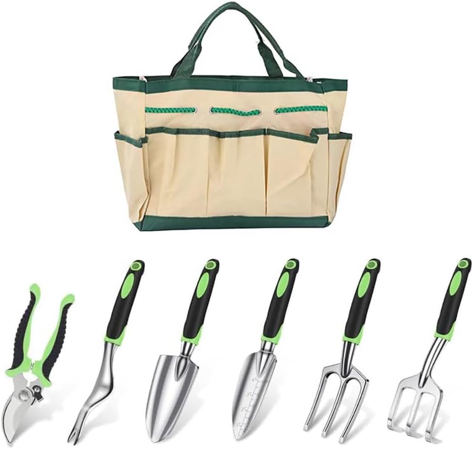 FAMILY'S BACKYARD Garden Tools for Women,7 Piece Gardening Tool Set Aluminum Alloy Hand Tool Starter Kit with Garden Bag,Gardening Gifts for Women and Man.
