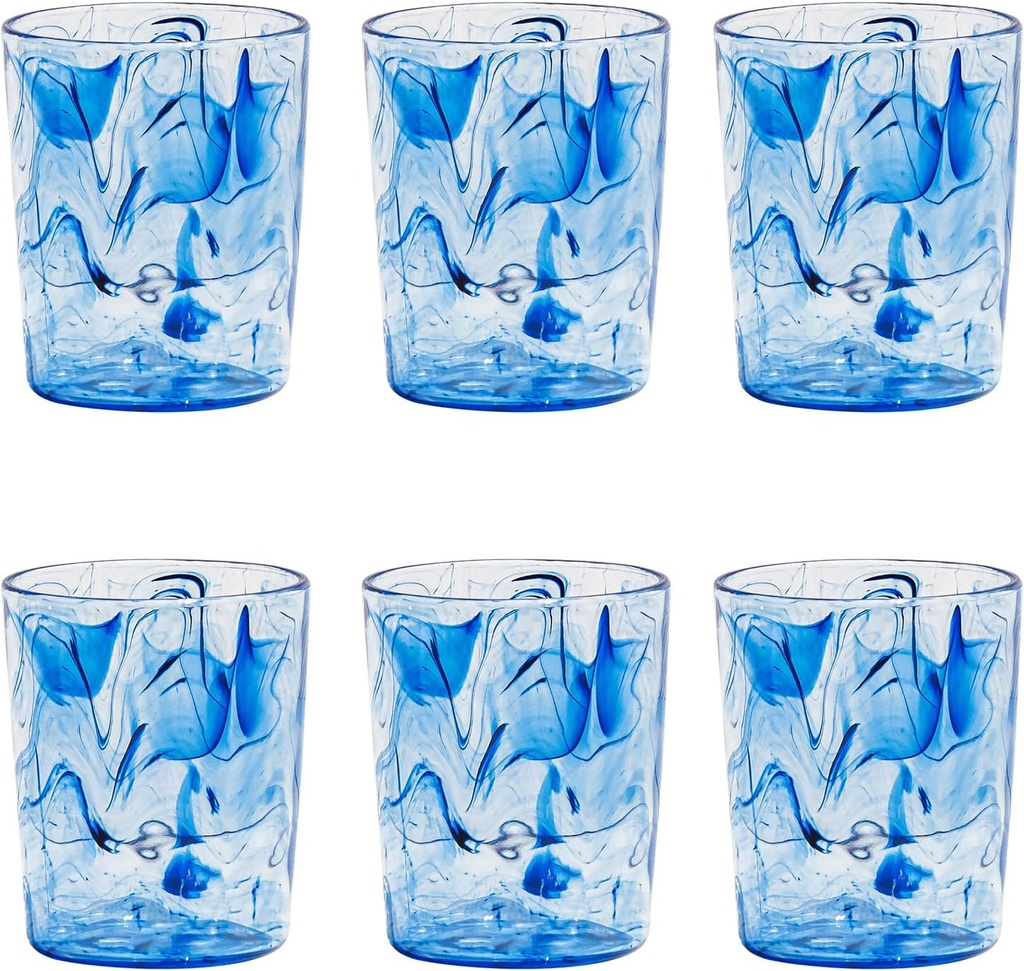 Aegean Swirl Premium Acrylic Drinkware Tumbler/Old Fashioned Glass, Indoor/Outdoor, 12.4 Ounce, Blue Swirl, Set of 6
