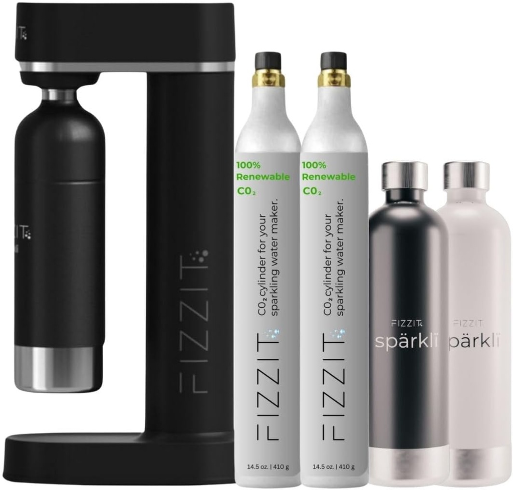 Black Sparkling Soda Water Maker with 2 CO2 Cylinders & 2 Stainless Steel Reusable Bottles, Includes 1 x Black Stainless Reusable Bottle & 1 x White Stainless Reusable Bottle