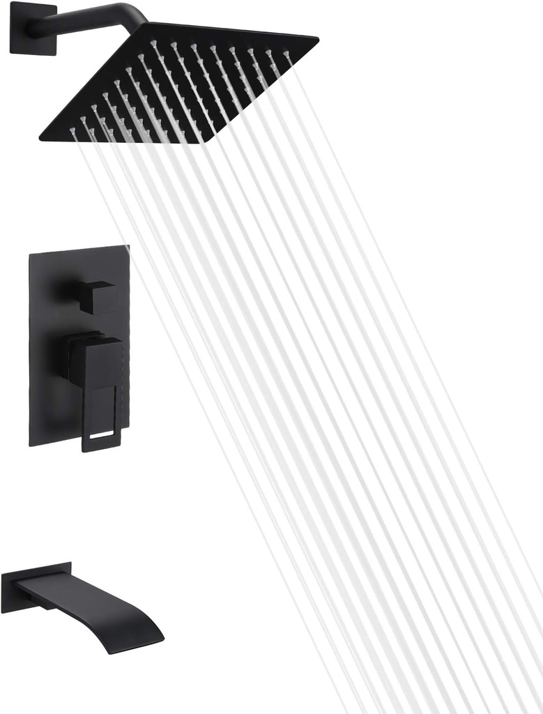 sumerain Black Tub and Shower Faucet Set with Anti-scalding Pressure Balance Valve, Waterfall Tub Spout and 8 Inch Rain Shower Head