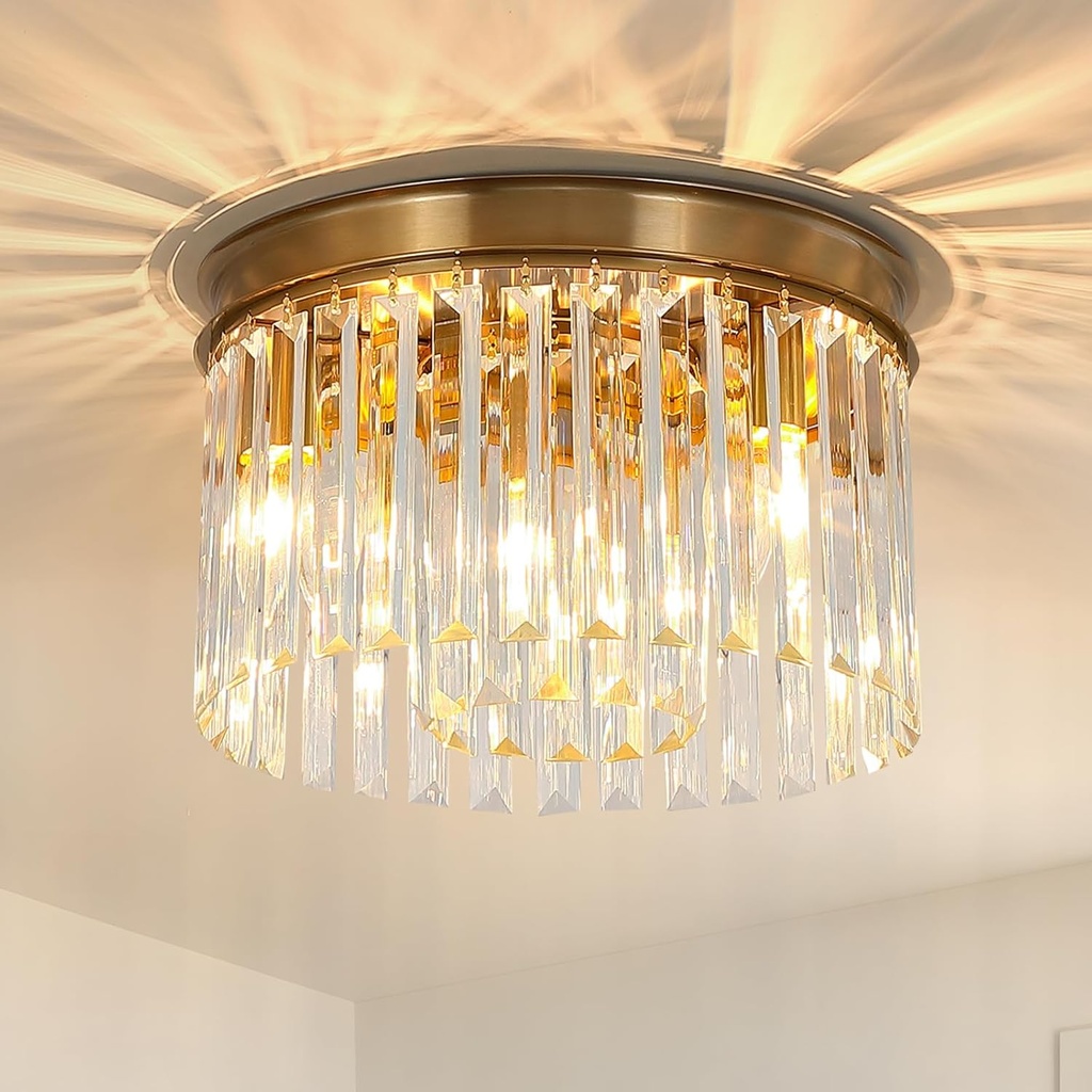 Gold Flush Mount Ceiling Light, 12 Inch Modern Crystal Light Fixture, 3-Light Semi Flush Mount Chandelier Lighting for Living Room Dining Room Bedroom Kitchen Hallway, XDD006-3-G-M-1