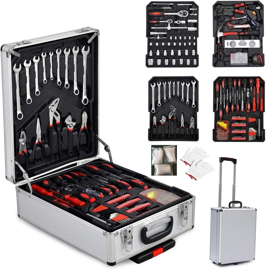 Aluminum Trolley Case Tool Set,799pcs Aluminum Trolley Case Tool Set Silver, House Repair Kit Set, Household Hand Tool Set, with Tool Belt,Gift on Father's Day (Silver)