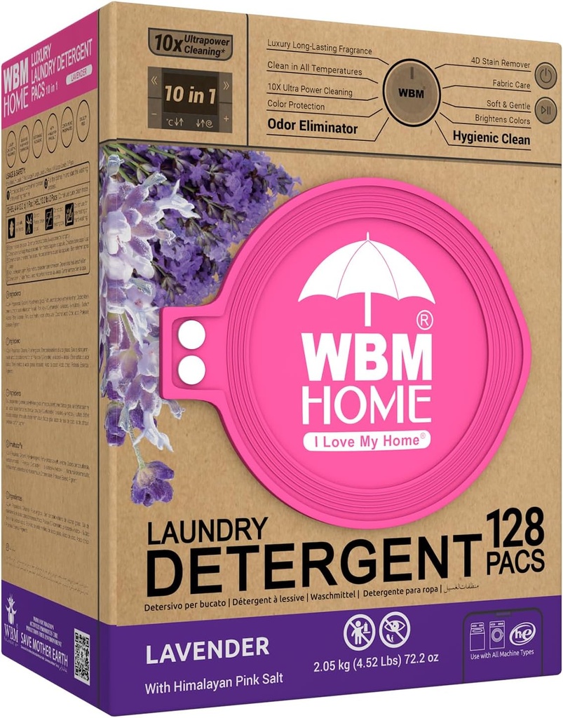 WBM 10-in-1 Laundry Detergent Pods, Fabric Softener with Lavender Extracts, High-Efficiency Laundry Pods with Powerful Stain Lifter Technology - 128 Count Bag