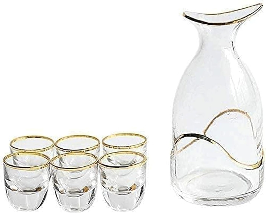 7 Piece Glass Sake Set Hand Painted Sake Set with Gold Edge Japanese Style Wine Set for Cold Warm Hot Sake Shochu Tea (Transparent)