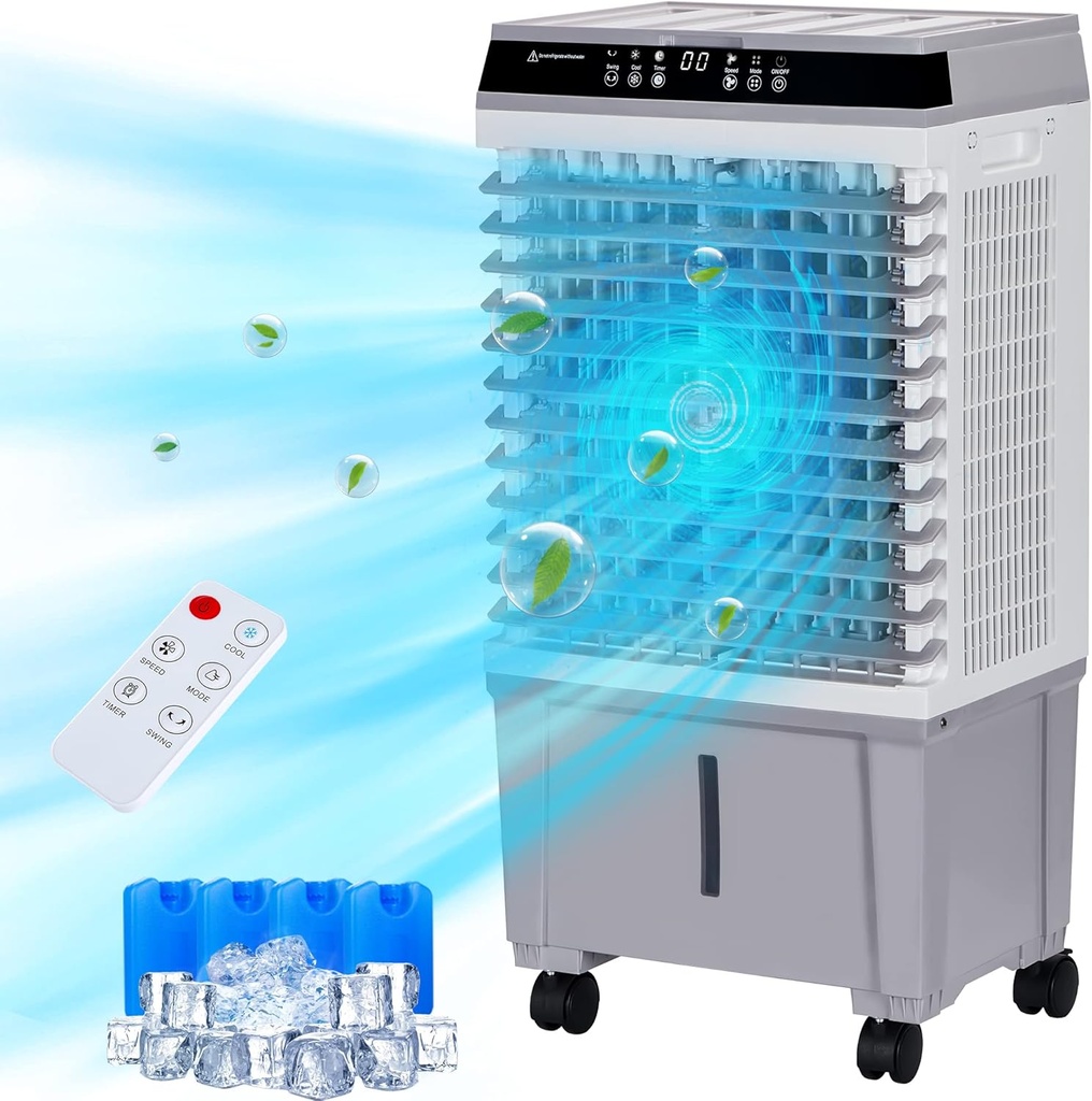 Evaporative Air Cooler, Swamp Cooler with 5.3 Gallon Water Tank, Remote Control, 12H Timer, 3 Speeds, 120° Oscillation, Portable Air Cooler for ndooor Outdoor Patio Garage Commercial Use