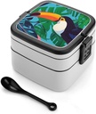 Stackable Double-Layer Bento Box Toucan Adults Lunchbox With Spoon Cute Japanese Bento Box Dishwasher Safe for Work Travel Dining Outc