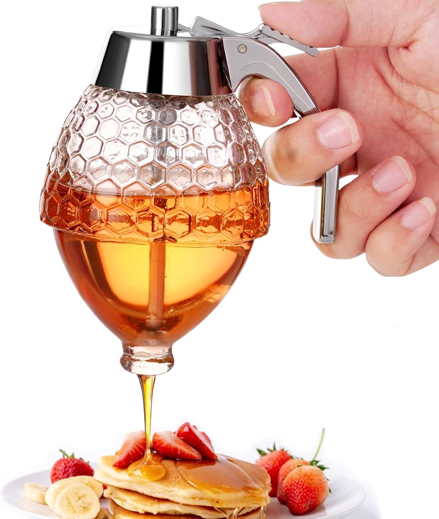 Honey Dispenser, 8oz Honey Dispenser No Drip Glass with Stand, Honey Container & Coffee Syrup Dispenser for Tea Time & Gifting, Elegant Honeycomb Honey Jar - Honey Pot Bottle for Maple Syrup Bee
