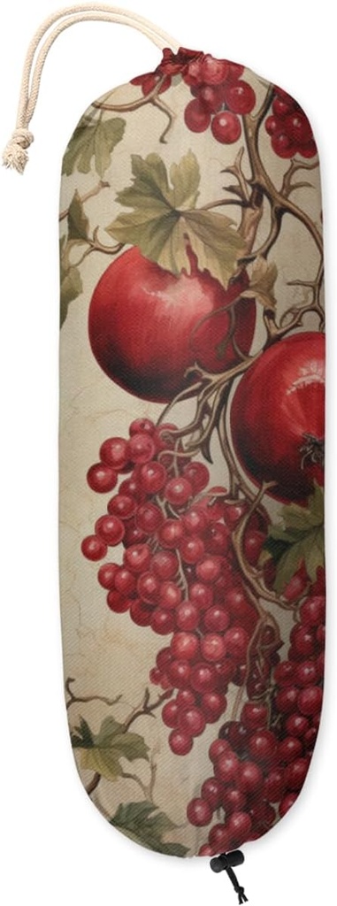 Tavisto Pomegranate Grapes Multipurpose Plastic Bag Holder - Durable Polyester Fabric, Waterproof, Hanging Storage Organizer for Grocery Bags, Kitchen, and More
