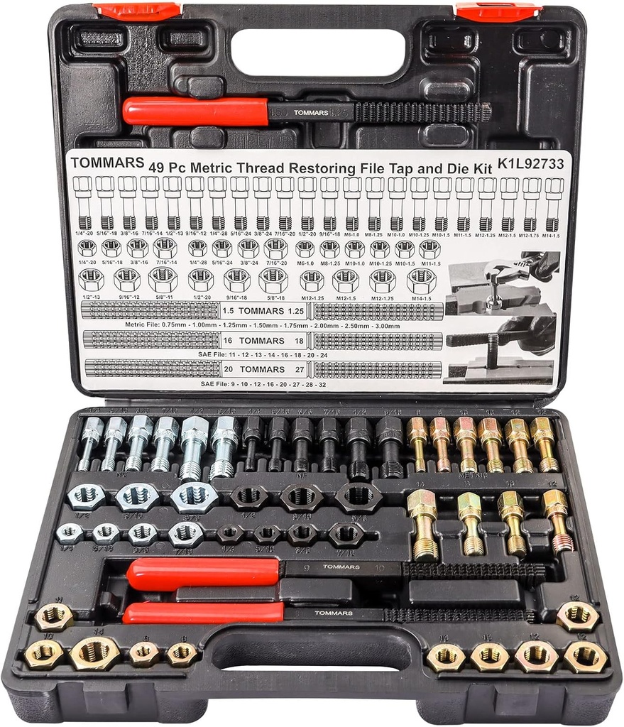 TOMMARS 49-Piece Thread Chaser Set Repair Kit, UNC UNF & Metric with Taps, Dies, and Thread Files for Rethreading and Restoration