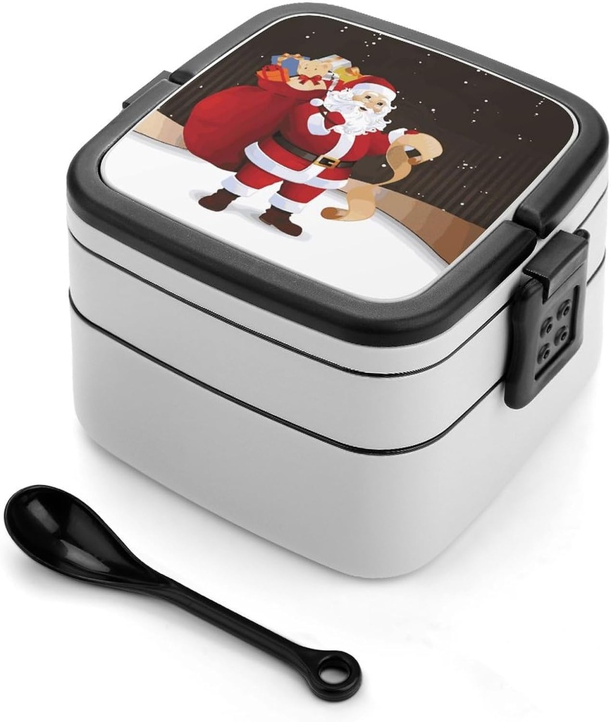 Merry Christmas Bento Box for Adults Double Layer Lunch Box with Spoon And Invisible Handle Microwave Dishwasher Safe Leak Proof Meal Prep Lunch Containers for Office Picnic