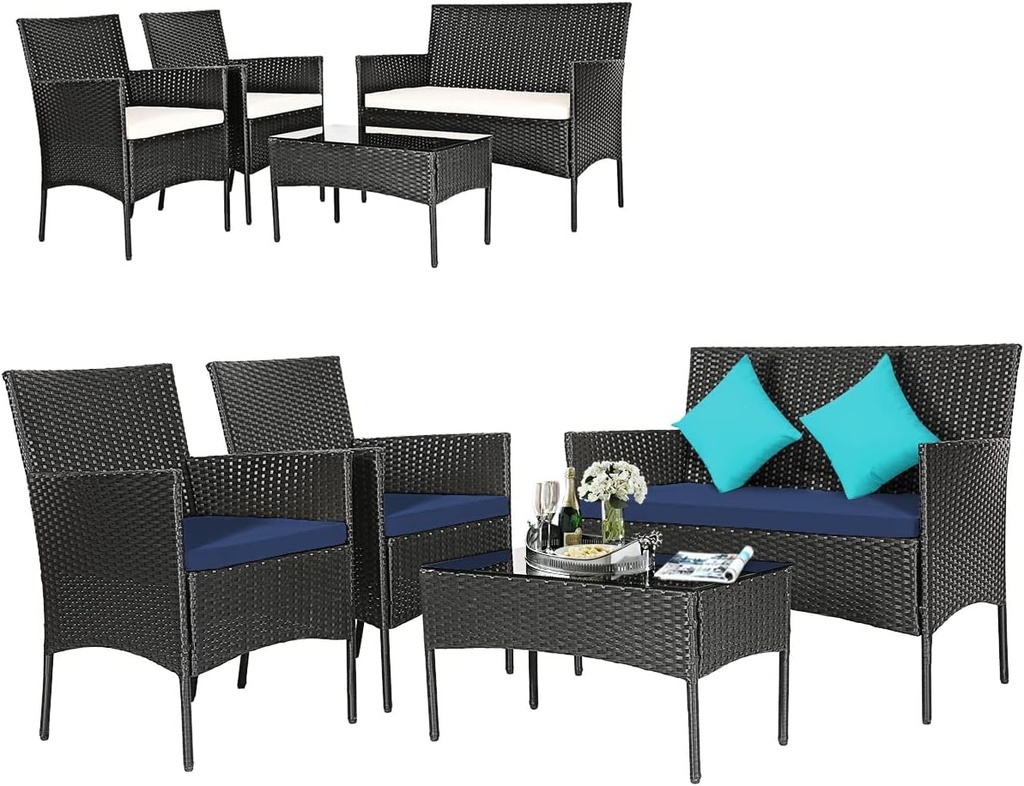 Tangkula 4 Pieces Patio Furniture Set, Outdoor Wicker Conversation Set with Tempered Glass Tabletop, Rattan Sofa and Chairs Set with Off White & Navy Cushion Covers
