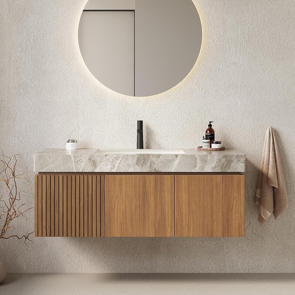 LKTART Floating 48 Inch Bathroom Vanity with Sink, Modern Plywood Wall Mounted Bathroom Storage Cabinet with 2 Doors and 1 Drawer, Light Gray Sintered Stone Countertop and Ceramic Basins