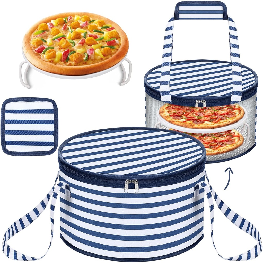 Pickmesh Round Pie Carrier 12 x 7 Inch Insulated Casserole Carriers with Lid and Detachable Handle for Hot or Cold Food Cake Transport Thanksgiving Christmas Gift (Blue White Stripes)