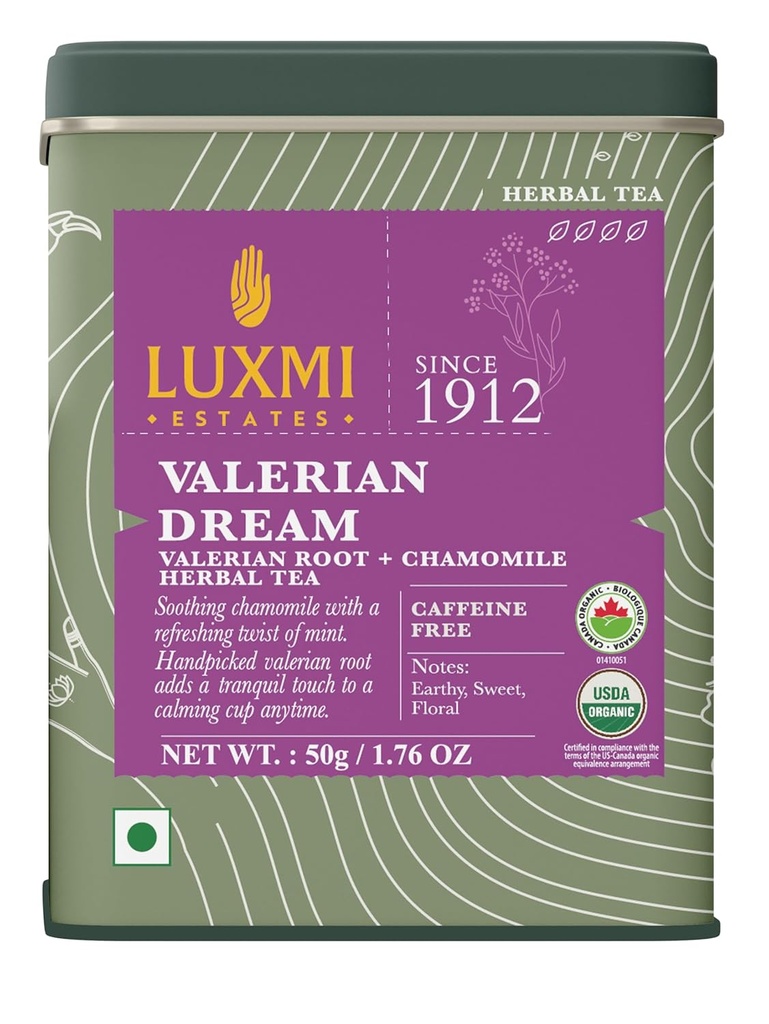 Luxmi Estates - Valerian Dream - Organic Valerian Root Tea for Sleep - Loose Leaf - 50g (25 Cups) | with Valerian Root, Chamomile & Lavender | Perfect Wellness Sleep Tea