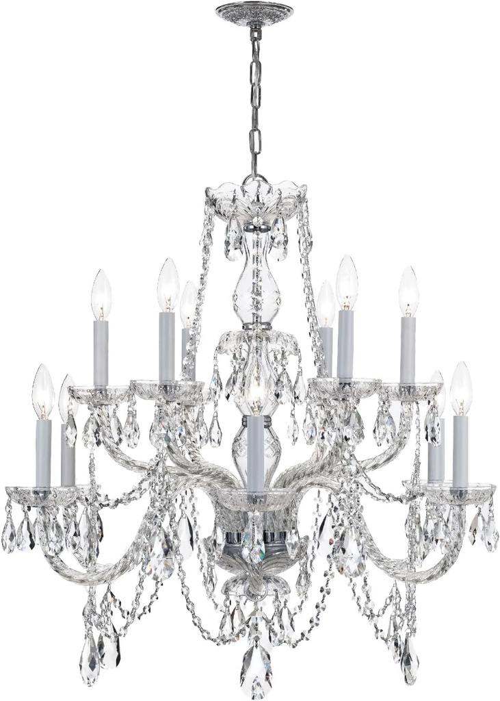 Traditional Crystal 12 Light Clear Italian Crystal Polished Chrome Chandelier