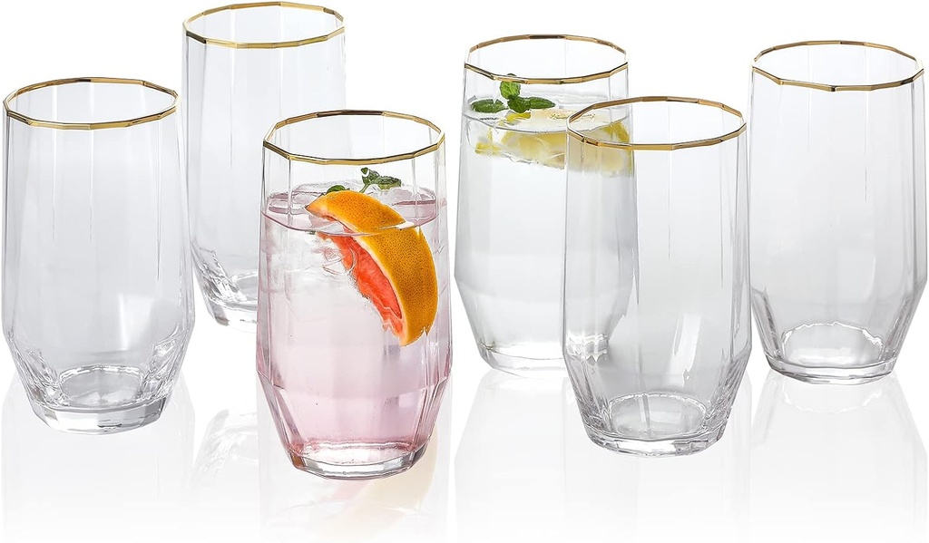 Gold Rim Highball Glasses set of 6, 21.5 oz Crystal Clear Large and Tall Gold Trim Drinking Glasses for Mojito, Cocktail, Coke, Soda and Mixed Drinks, Gifts in Chrismas for Women, Daily Use.