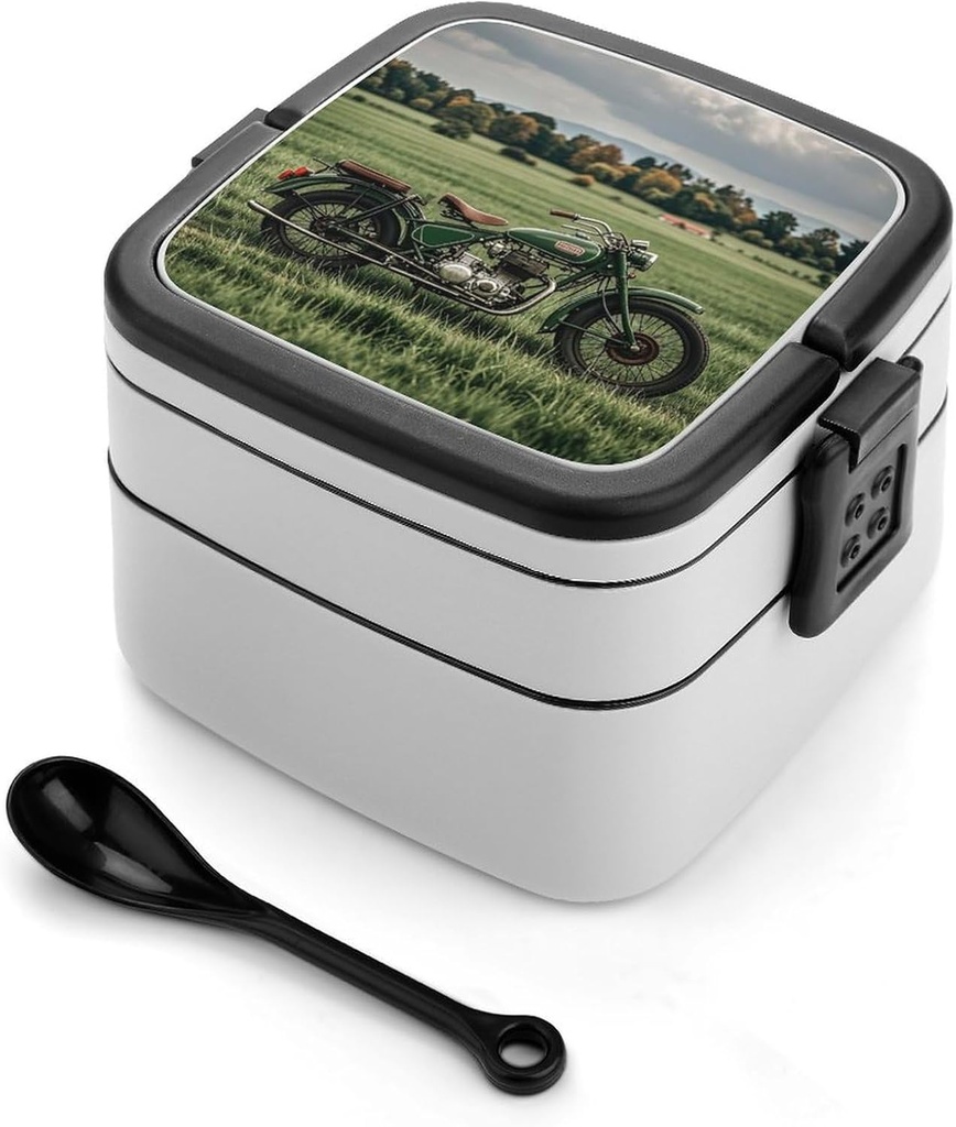 Motorcycles on Green Grass Bento Box Leak-Proof Double Layered Lunch Containers with Spoons And Invisible Handle, Portable Lunch Boxes for Work Picnic Travel