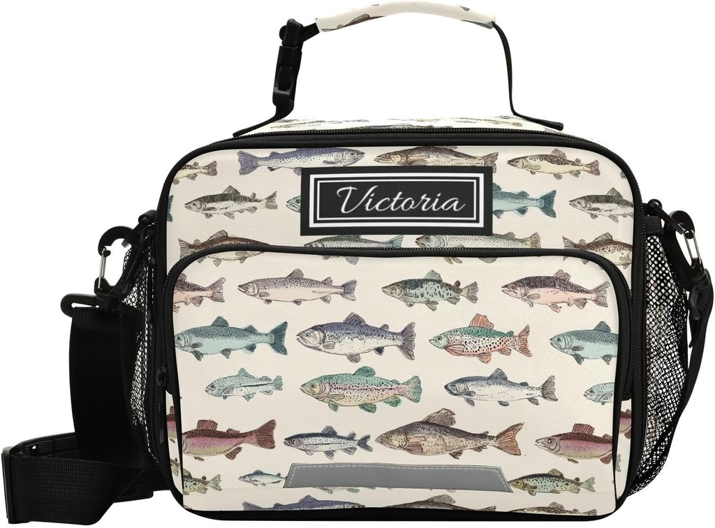 Custom Vintage Fishes Lunch Bag for Boys Girls Personalized Name Insulated Lunch Box Kids Cooler Tote Bags for School Picnic Travel