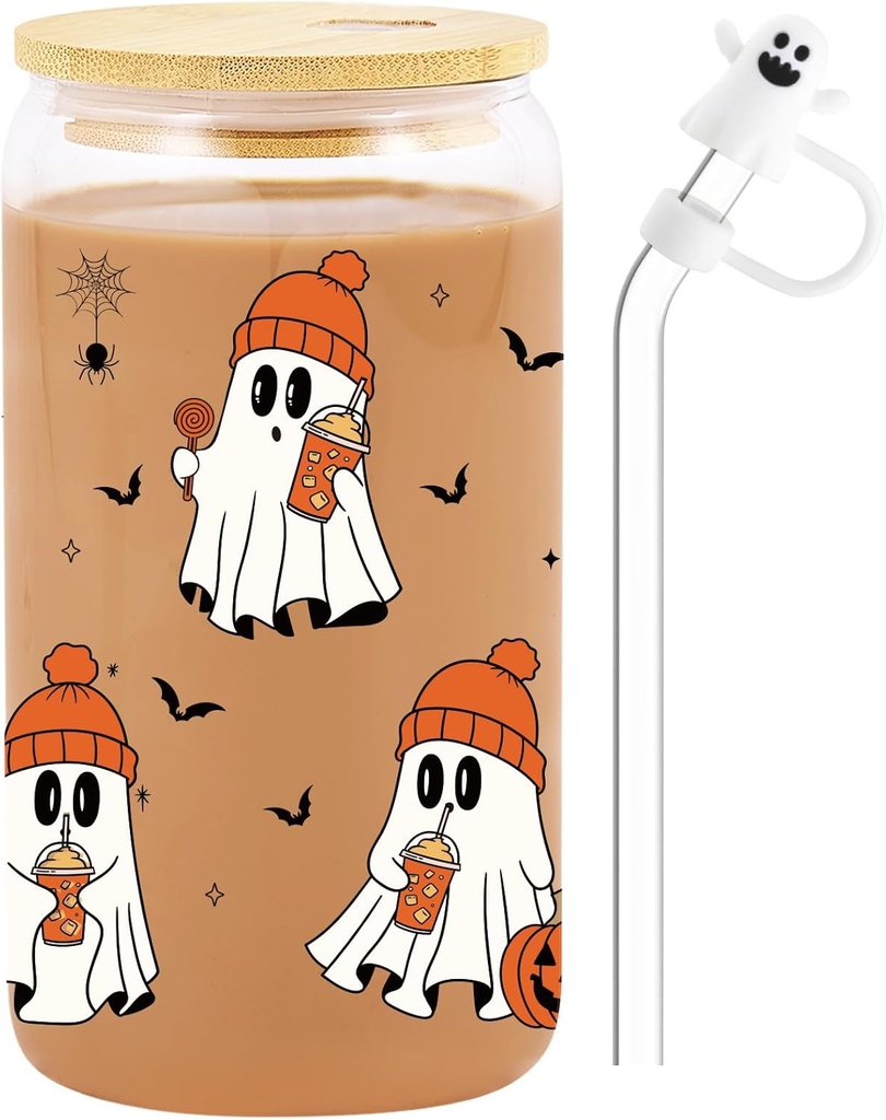 Cute Ghost Iced Coffee Cup with Straw Topper – Coffee Spirit Glass Tumbler with Bamboo Lid – Funny Spooky Gifts for Women, Teens – Fall Aesthetic Christmas Stocking Stuffers