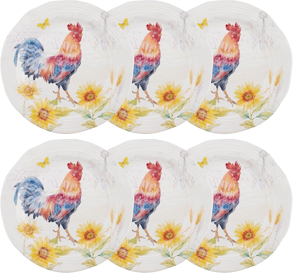 UP UPware Sunshine Rooster Melamine Dinner Plate Set, Flower Shaped Plates for Main course, Pasta, and Salad, BPA-Free, Dishwasher Safe, Multicolor, 10.88 Inch, Set of 6