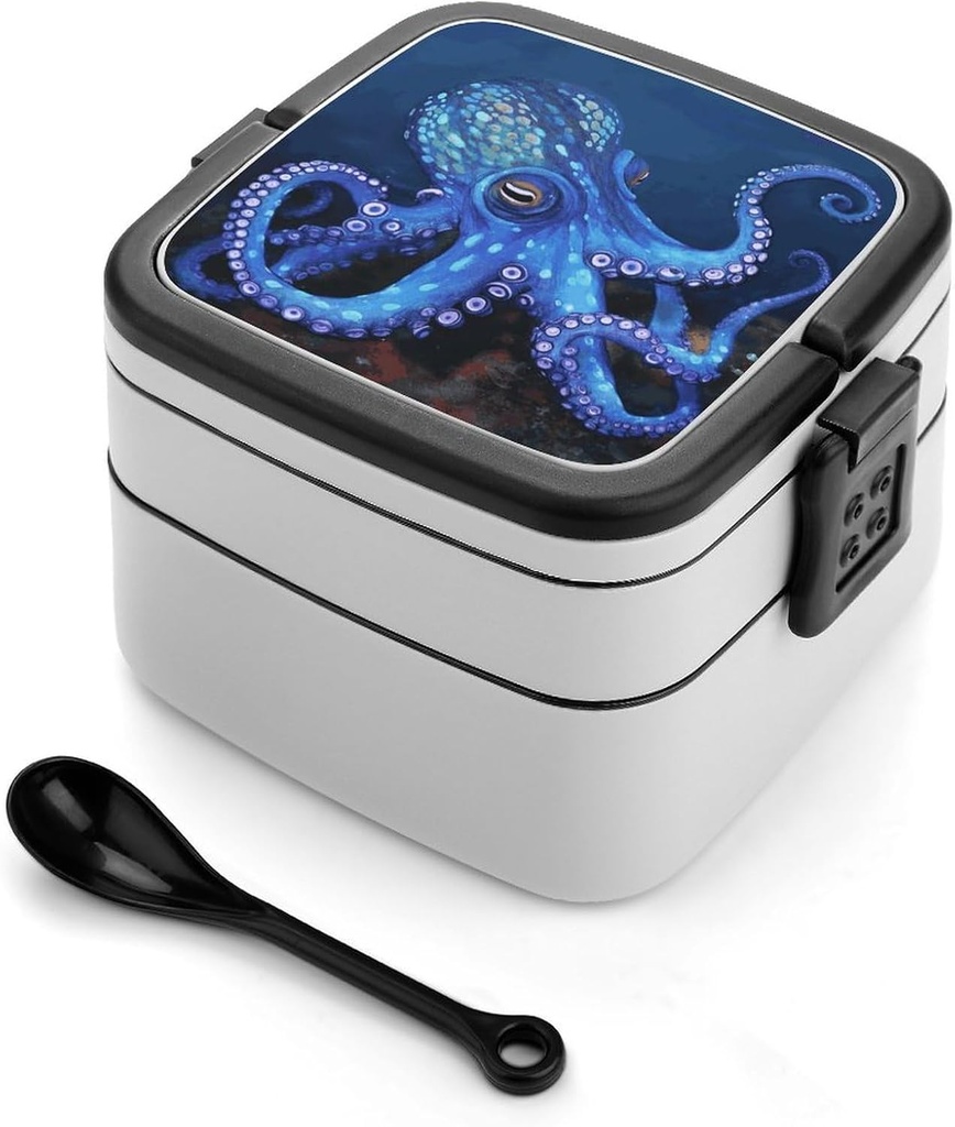 Blue Octopus Bento Box with Spoon, 2-layer Stackable Lunch Box Leak Proof with Invisible Handle, Insulated Food Storage for Office, Picnic & Travel