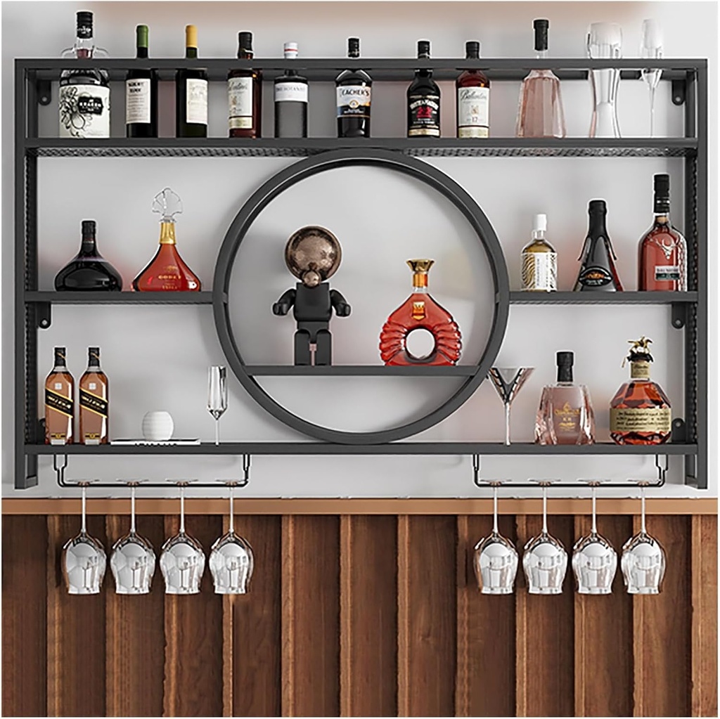 LED Light Wall Mounted Wine Rack with Glass Holder Modern Iron Bar Liquor Shelf Floating Wine Shelves for Kitchen Wine Cellar Bar Shelves in Black 12 Bottle Capacity