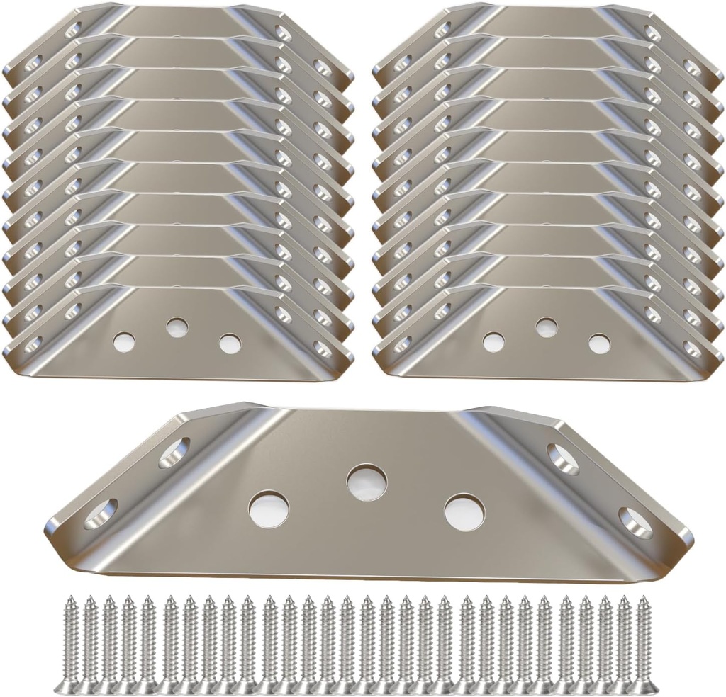 Universal Stainless Steel Furniture Corner Connector Heavy Duty Corner Bracket,20 Pcs Angle Brackets Hardware Bracket Silver Metal Corner Braces for Wood with Screws, Shelf Supports Aufuga (20)