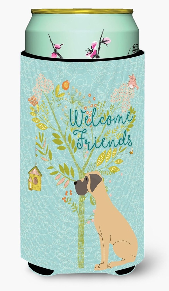 Caroline's Treasures BB7588TBC Welcome Friends Fawn Great Dane Natural Ears Tall Boy Hugger Can Cooler Sleeve Hugger Machine Washable Drink Sleeve Hugger Collapsible Insulator Beverage Insulated Holde