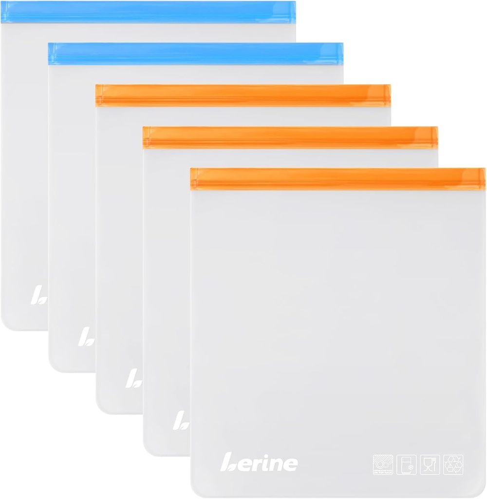 Lerine Reusable 2 Gallon Freezer Bags Dishwasher Safe, Reusable Freezer Bags 2 Gallon 13"x15.6", Leakproof BPA Free Food Storage Bags for Marinate Meats, Vegetables (Multicolor, 2Gallon)