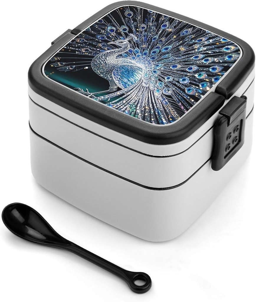 Crystal Peacock Bento Box - Double Layer, Leakproof Food Containers with Partition & Spoon, Stackable Lunch Box for Office, Travel, Camping