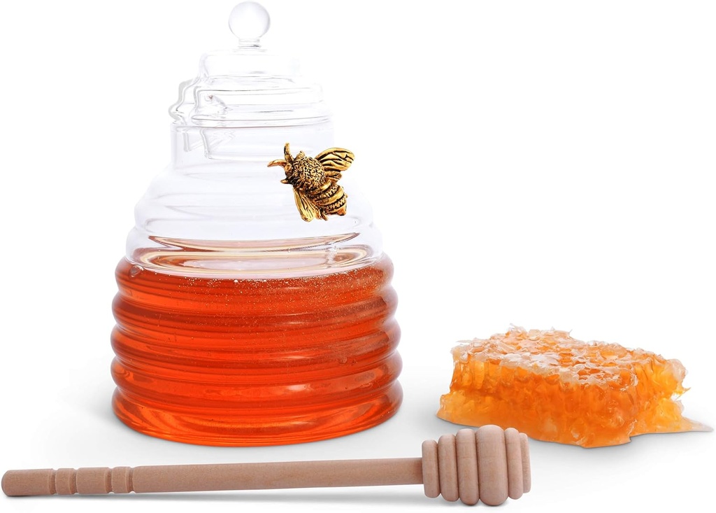 Arthur Court Bee Honey Jar and Dipper Set - Beehive Honey Dispenser for Store Honey and Syrup - Wooden Honey Dipper, Great as Honey Spoon and Syrup Dispenser - Gold Pewter5.5 inch Tall 12 Oz