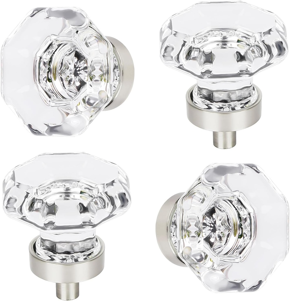 Crystal Drawer Pulls and Knobs 4 PCS,Brushed Nickel Glass Knobs for Cabinets and Dresser,Bathroom Kitchen Cabinet knobs,Octagon