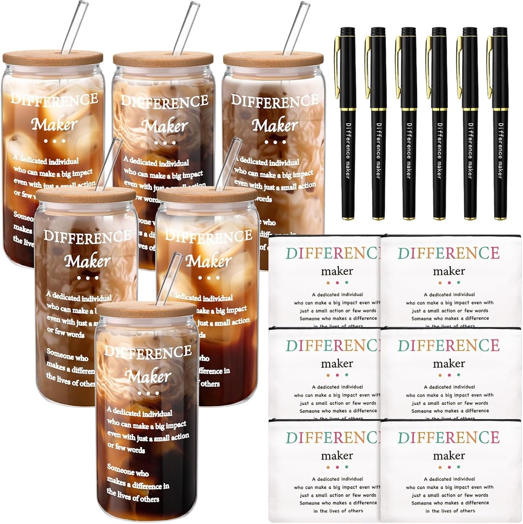 Bokon 6 Sets Christmas Difference Maker Gifts Employee Appreciation Gifts 16oz Glass Cups Cosmetic Bags and Pens Thank You Gift for Coworkers Employee Teachers