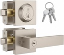 Mega Handles - ROBELL Entry Combo I Entry Lever Door Handle and Single Cylinder Deadbolt Lock and Key Combo Pack - Heavy Duty Square Locking Lever Set for Left or Right-Handed Doors - Satin Nickel