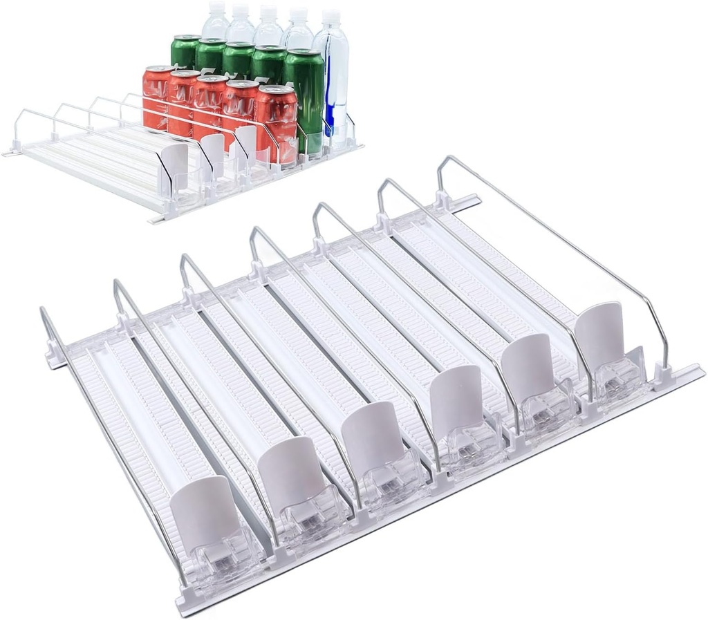 15in Beverage Organizer for Refrigerator, 6 Can Organizer for Pantry, Drink Holder for Fridge,Adjustable Width Spring Loaded Easy Slide Large CapacityFridge Drink Dispenser