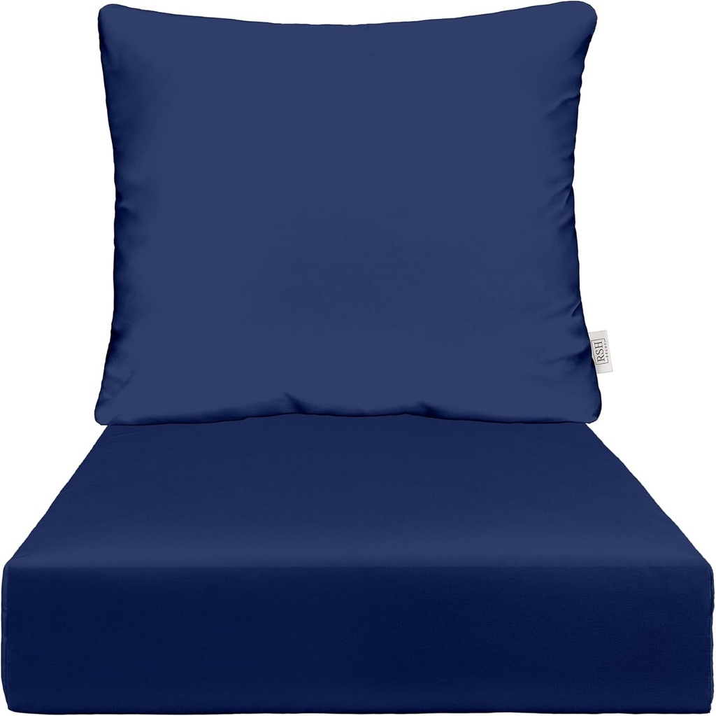 RSH DECOR: Deep Seating Cushion with Pillow Back | 23” x 26” Seat | All-Weather Spun Fabric | Water and Fade-Resistant | Outdoor Chair Cushion Set for Patio Furniture | Navy Blue