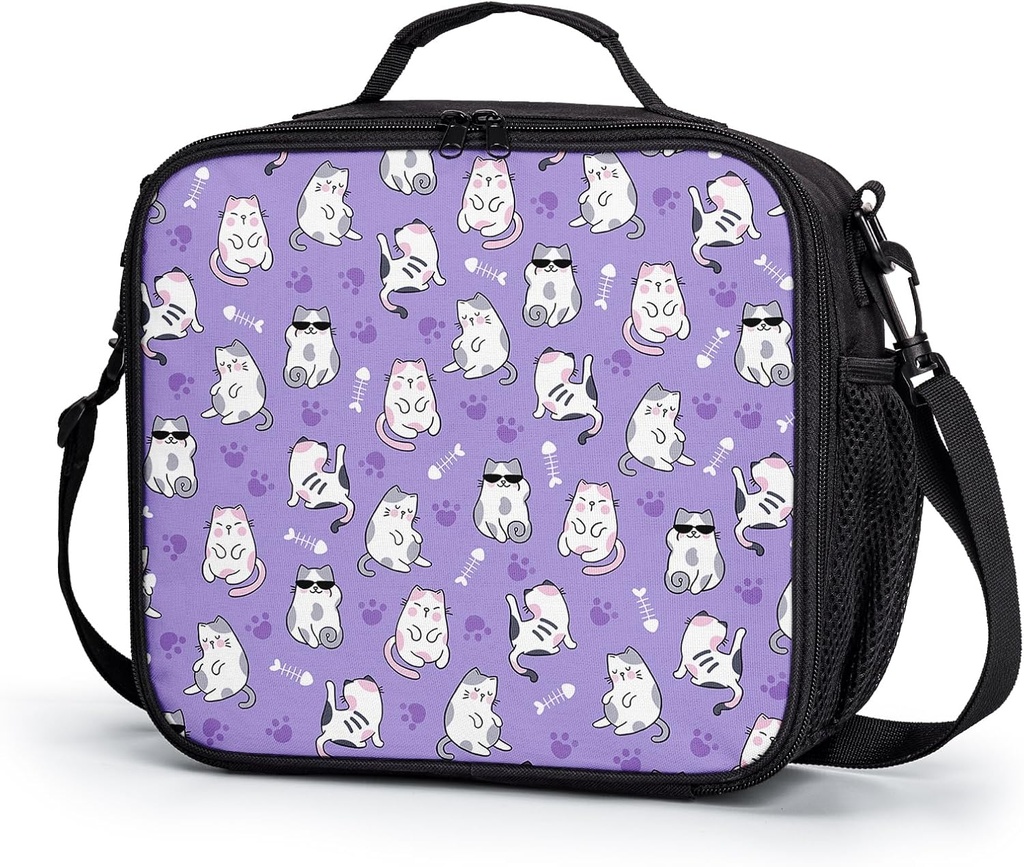 Cat Lunch Box for Girls Boys Cute Kitten Animal Pattern Kids Lunch Bag Kawaii Purple Insulated Lunchbox Reusable Cooler Tote Box Lunch Pail for School Work Picnic Travel