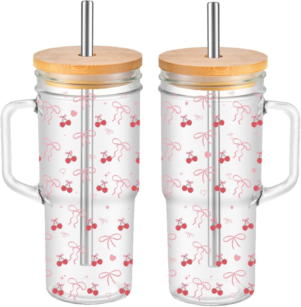 Coquette Aesthetic Glass Cup with Bow - 24 oz Dainty Pink Bow Iced Coffee Cup,Tumbler Smoothie with Cleaning Brush, Glass Cups with Lid and Straw Gifts for Girls Women Friend Birthday, Valentine's Day