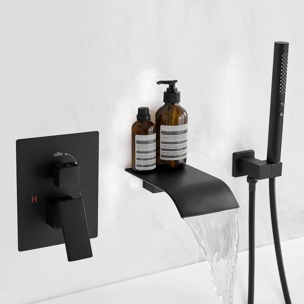 RUMOSE Wall Mount Bathtub Faucet Waterfall Tub Faucet with 2 in 1 Handheld Sprayer Matte Black Modern Bathroom Tub Filler Solid Brass Single Handle Shower Faucet Set with High Flow Rough in Valve