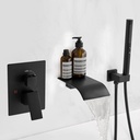 RUMOSE Wall Mount Bathtub Faucet Waterfall Tub Faucet with 2 in 1 Handheld Sprayer Matte Black Modern Bathroom Tub Filler Solid Brass Single Handle Shower Faucet Set with High Flow Rough in Valve