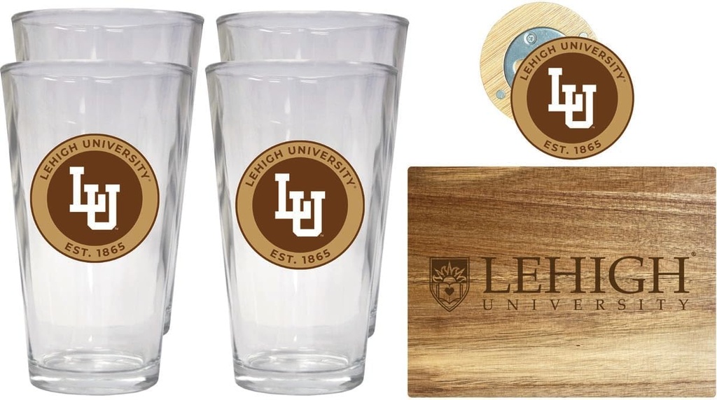 R and R Imports Lehigh University Mountain Hawks Officially Licensed Kitchen Pack - Wood Cutting Board, 4 Pint Glasses & Magnetic Bottle Opener