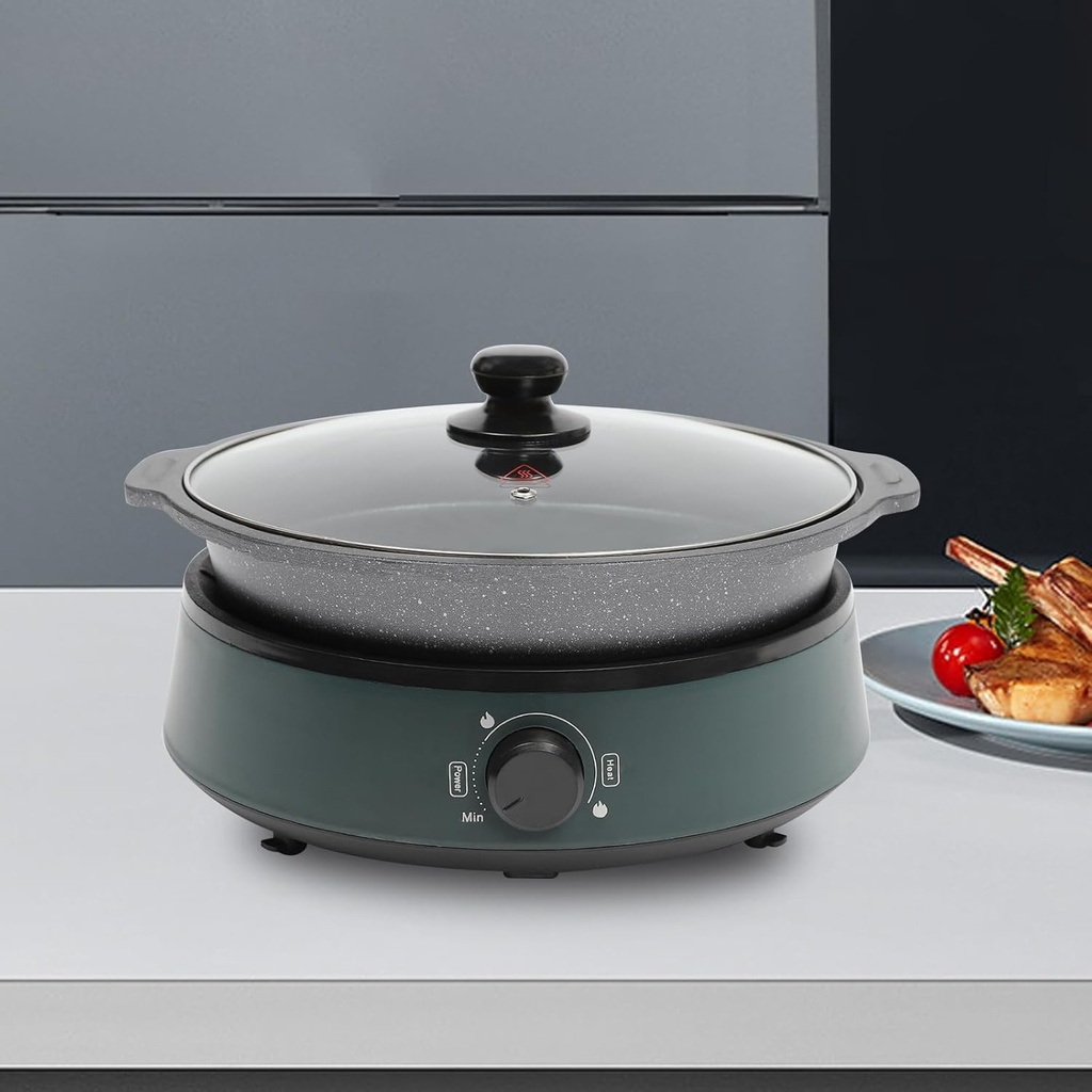 2 in 1 Electric Hot Pot, 4.2QT Shabu Shabu Pot with Grill Pan & Cooking Pot, Multifunction Stoveless Cooking Pot, Ideal for Grill Hotpot Pasta Soup 1350W (green)