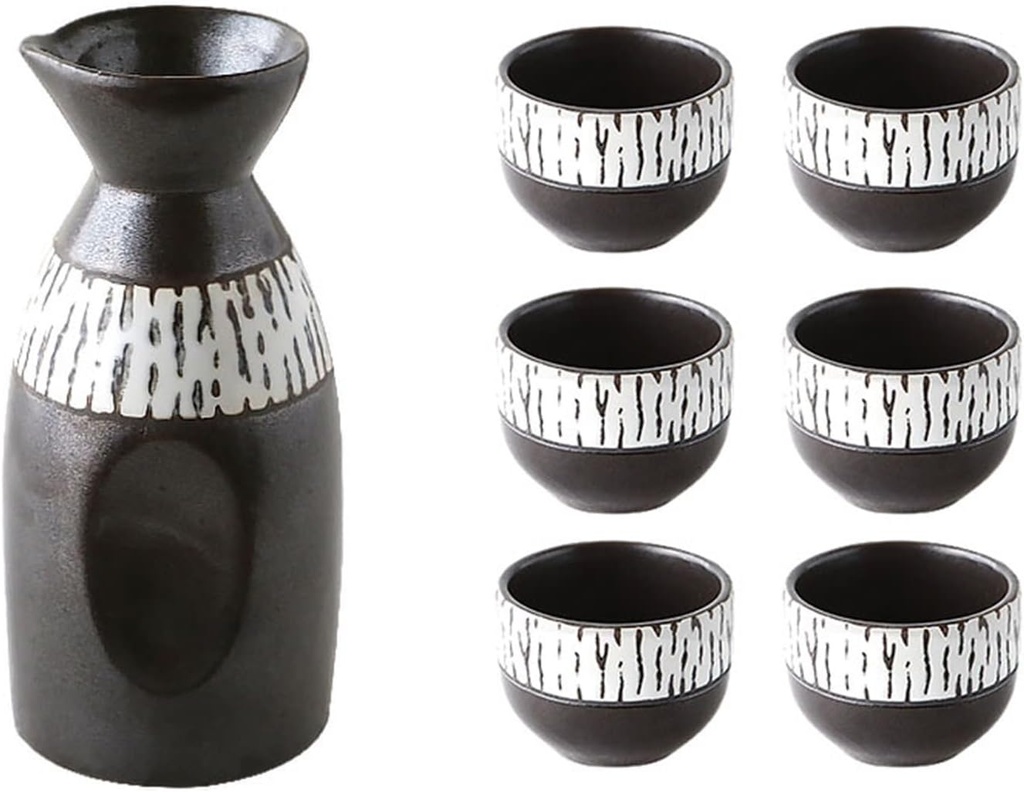 Sake Set 7 Piece Handmade Ceramic Wine Cup Pottery Sake Bottle and 6 Cups Restaurant Commercial Suitable for Family