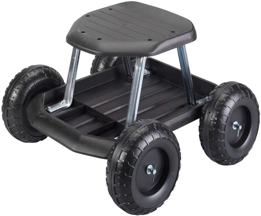 Rolling Garden Cart Scooter with Seat and Utility Tool Storage Tray, Black