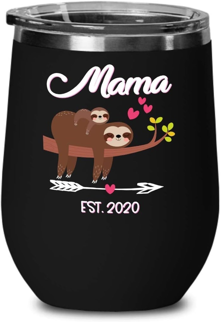 Mama Sloth Est 2020 Wine Tumbler Baby Shower Travel Mugf for New Mom Pregnant Women Mommy To Be Expecting Mother Coffee Cup