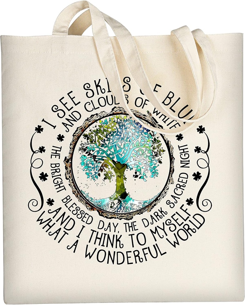 AUSVKAI Cute Canvas Tote Bag Aesthetic for Women Grocery Bags Cotton Beach Totes with Gift-Earth Tree