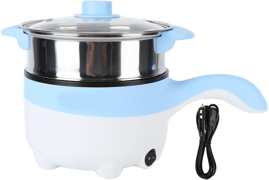 Diydeg 24V 2L Car Electric Cooking Pot, Stainless Steel Non Stick Multifunction Cooker with Steamer, (24V 2 liter electric cooked frying pan sky blue)