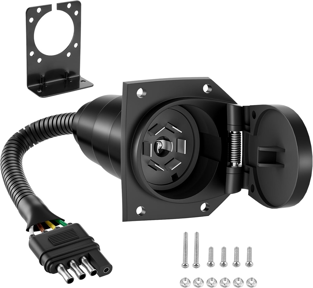 YONHAN 4 Pin to 7 Pin Adapter Trailer Light Adapter 4-Way Flat Truck to 7-Way Blade Reverse Plug Connector with Mounting Bracket for Towing Solutions